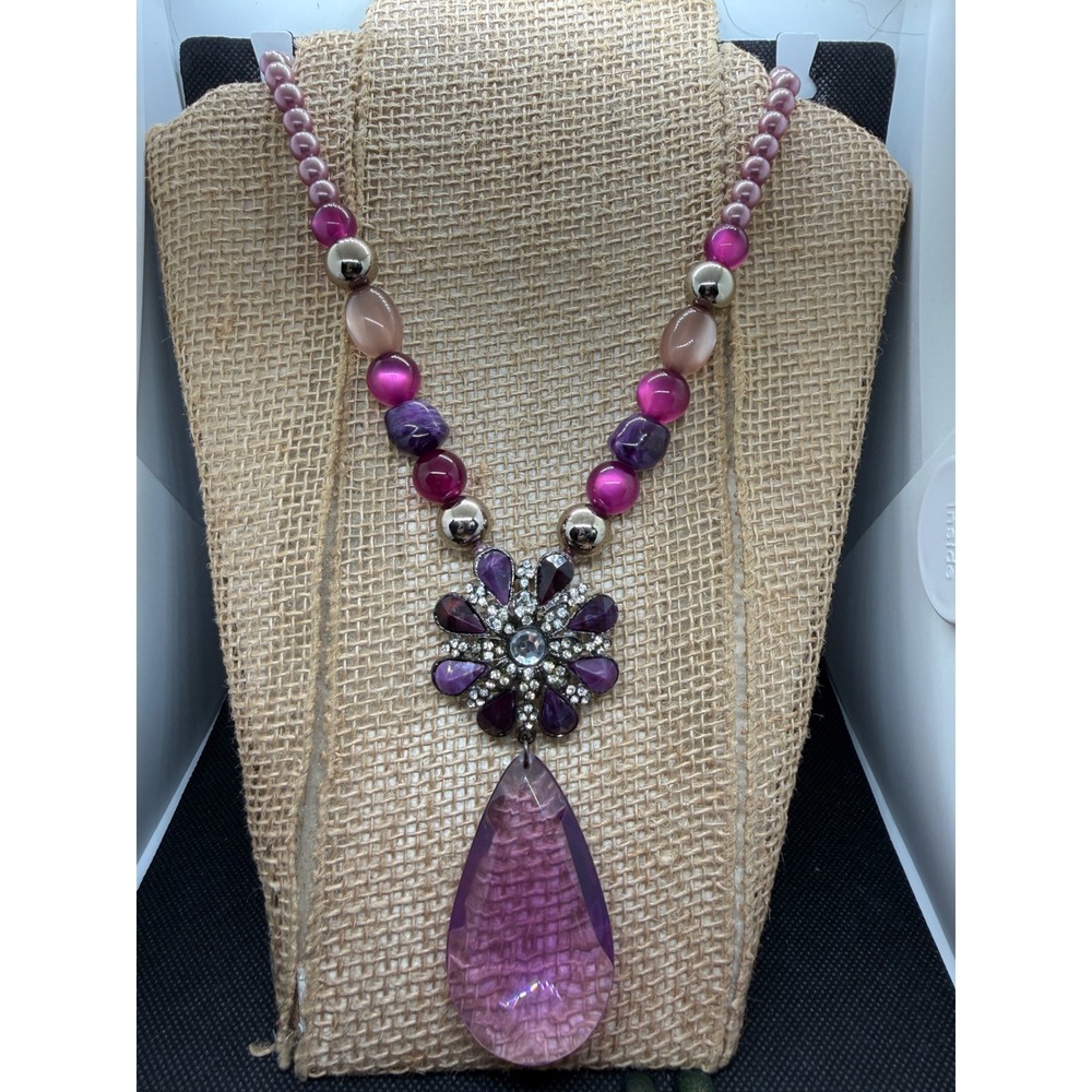 Laila Rowe Purple Pink Beaded Statement Necklace Rhinestone Flower Teardrop